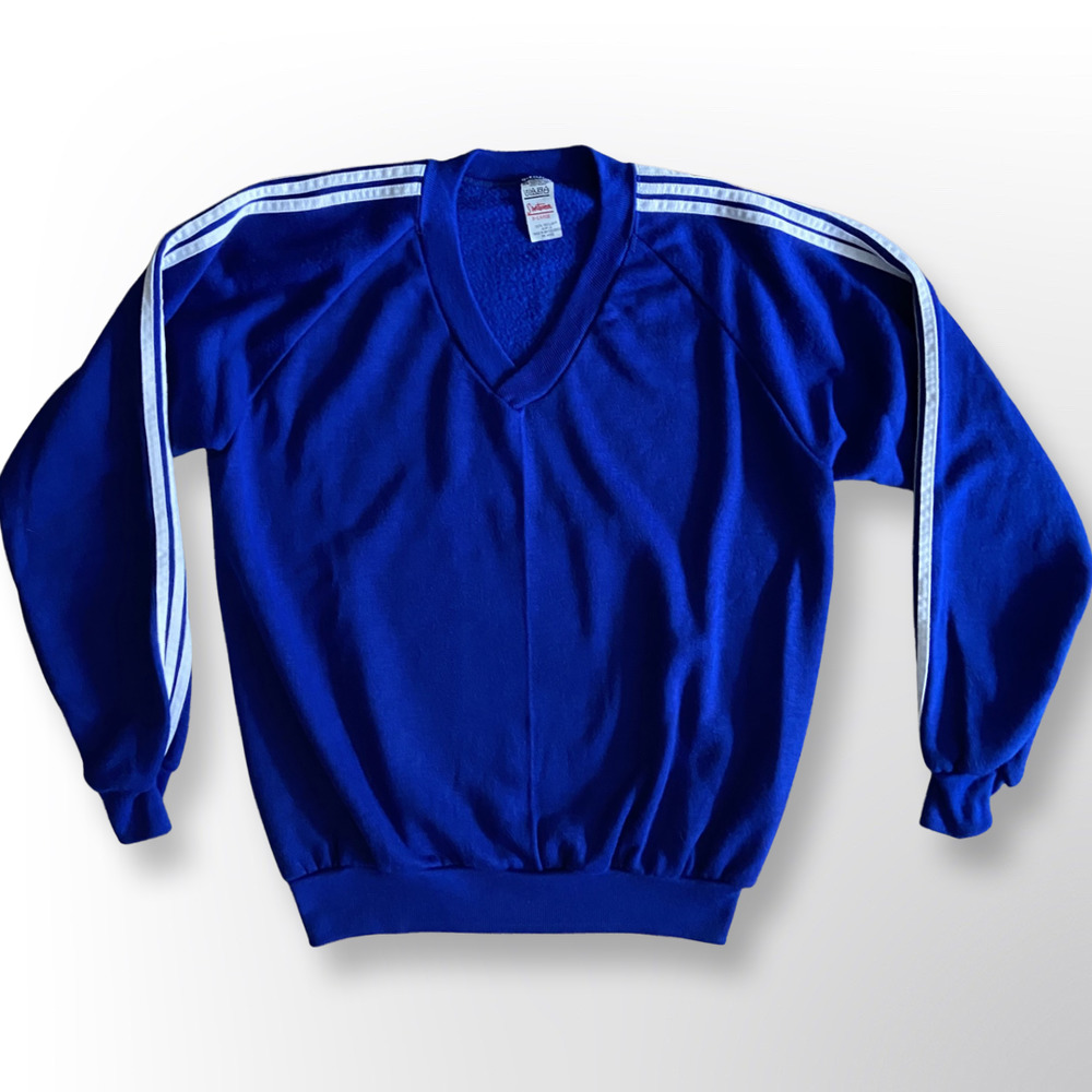 Sportswear Vintage 80s V-Neck Sweatshirt Blue White Stripes Sweatshirt